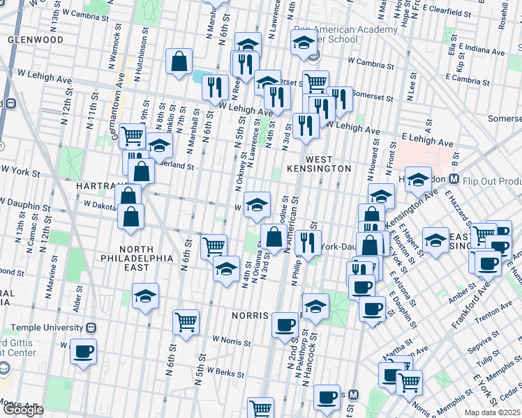 map of restaurants, bars, coffee shops, grocery stores, and more near 325 West York Street in Philadelphia