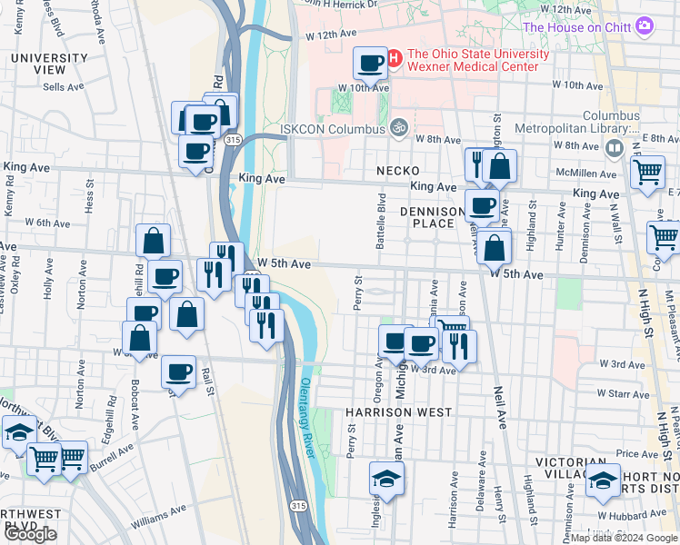 map of restaurants, bars, coffee shops, grocery stores, and more near 517 West 5th Avenue in Columbus