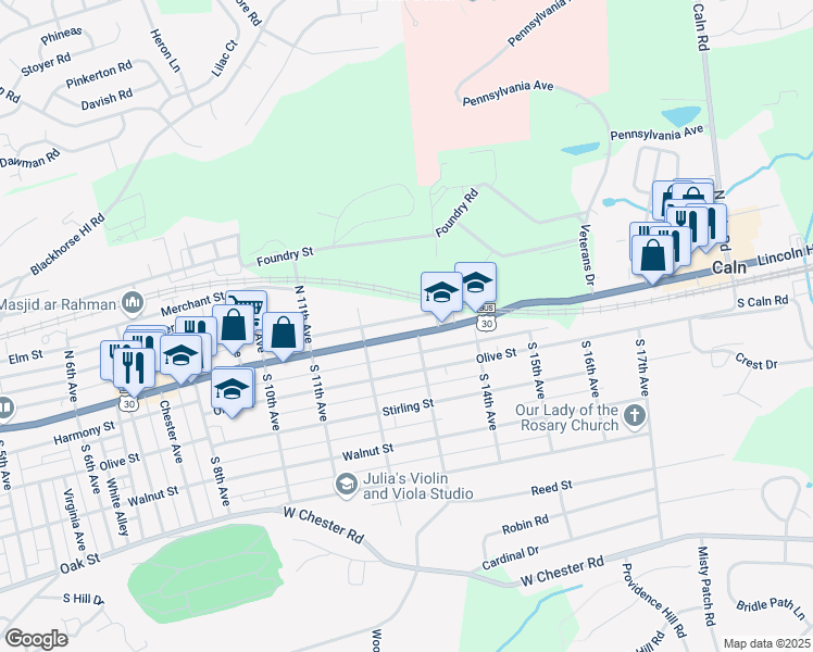 map of restaurants, bars, coffee shops, grocery stores, and more near 1245 Lincoln Highway East in Coatesville