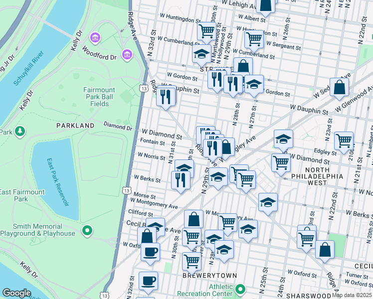 map of restaurants, bars, coffee shops, grocery stores, and more near 3012 Fontain Street in Philadelphia
