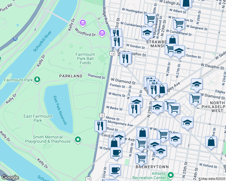 map of restaurants, bars, coffee shops, grocery stores, and more near 3222 Page Street in Philadelphia