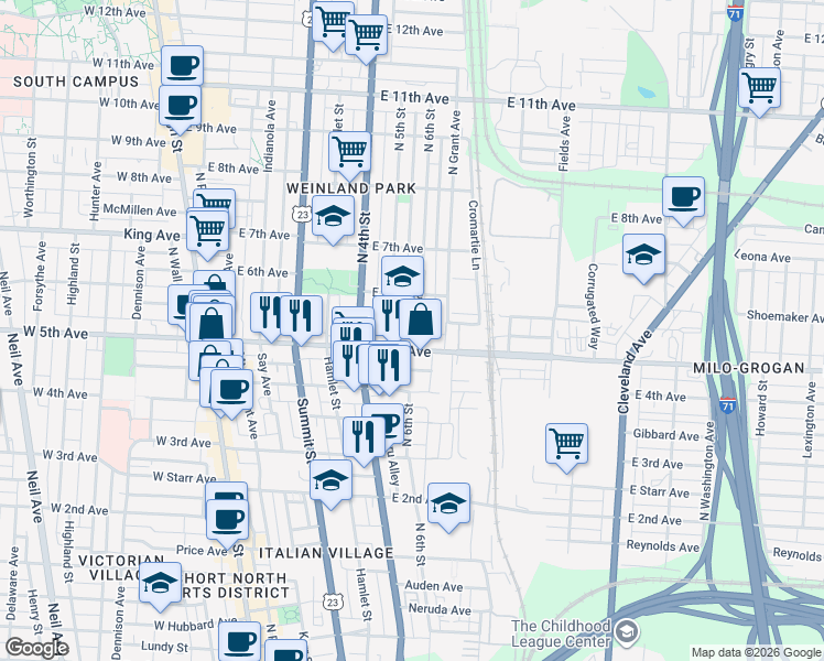 map of restaurants, bars, coffee shops, grocery stores, and more near 303 East 6th Avenue in Columbus