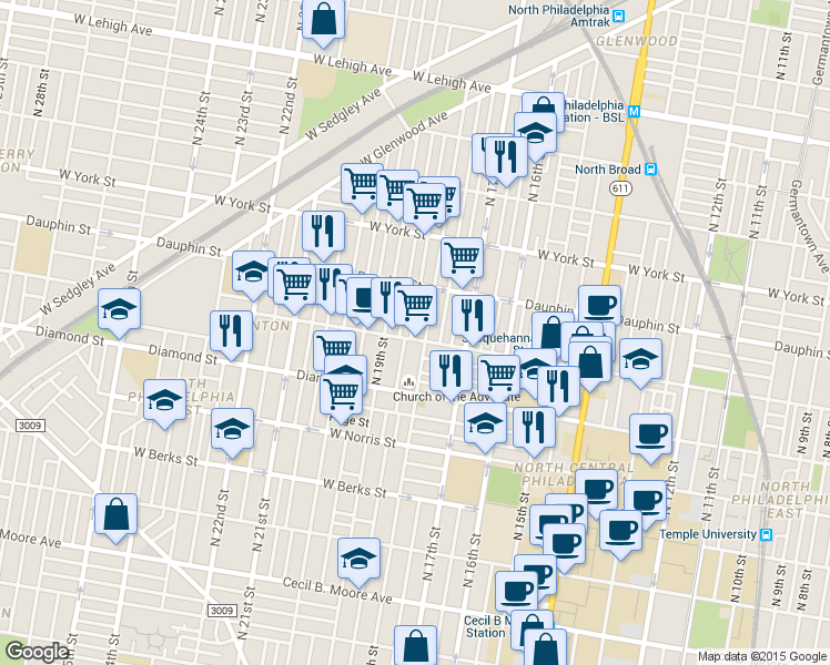 map of restaurants, bars, coffee shops, grocery stores, and more near 2207 North Cleveland Street in Philadelphia
