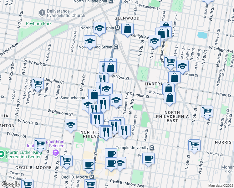 map of restaurants, bars, coffee shops, grocery stores, and more near 2257 North Park Avenue in Philadelphia