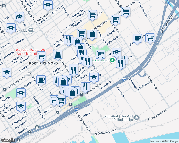 map of restaurants, bars, coffee shops, grocery stores, and more near 3412 Edgemont Street in Philadelphia