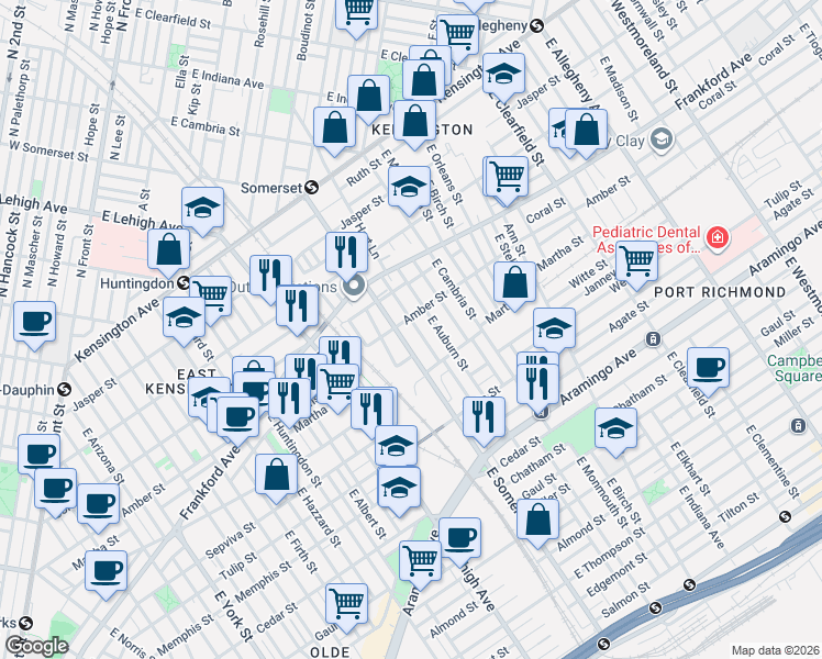map of restaurants, bars, coffee shops, grocery stores, and more near 2127 East Somerset Street in Philadelphia
