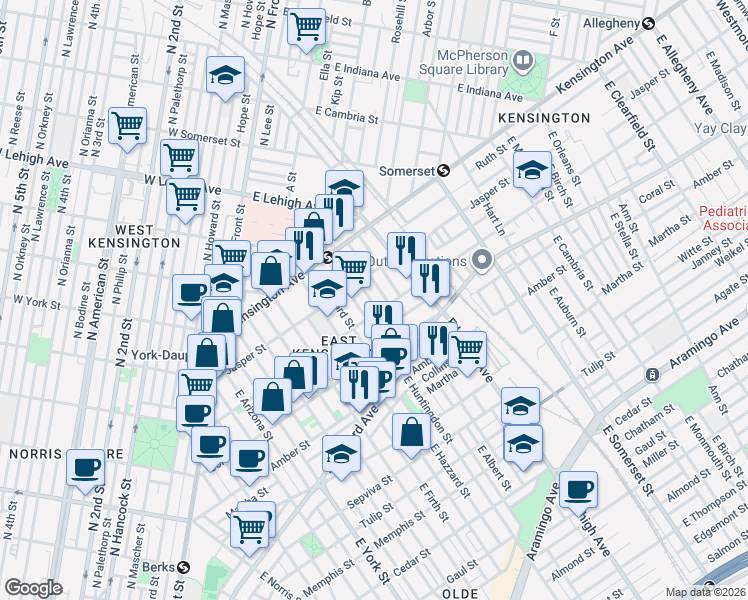 map of restaurants, bars, coffee shops, grocery stores, and more near 1930 East Huntingdon Street in Philadelphia