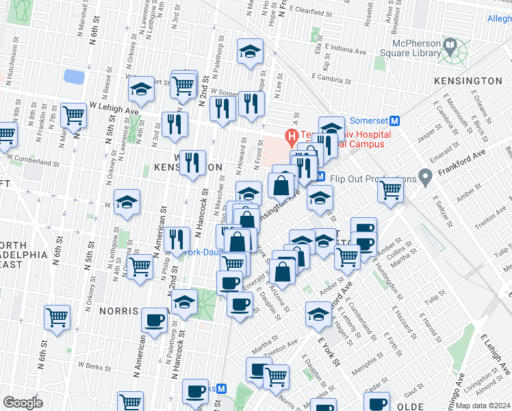 map of restaurants, bars, coffee shops, grocery stores, and more near in Philadelphia