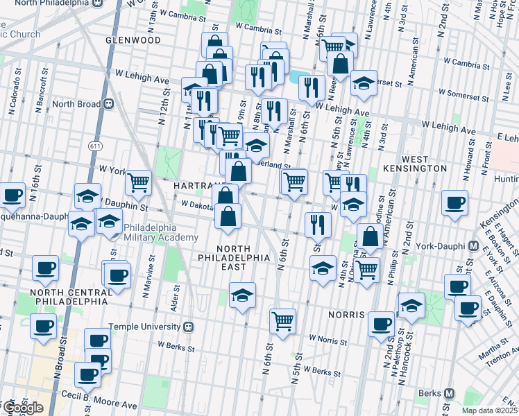map of restaurants, bars, coffee shops, grocery stores, and more near 2316 Germantown Avenue in Philadelphia