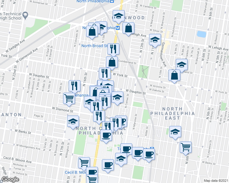 map of restaurants, bars, coffee shops, grocery stores, and more near 2239 North Park Avenue in Philadelphia