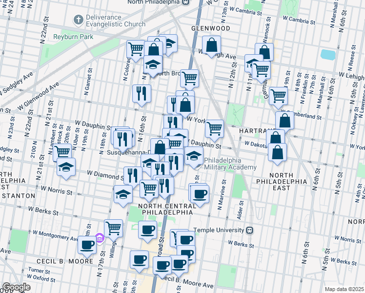 map of restaurants, bars, coffee shops, grocery stores, and more near in Philadelphia