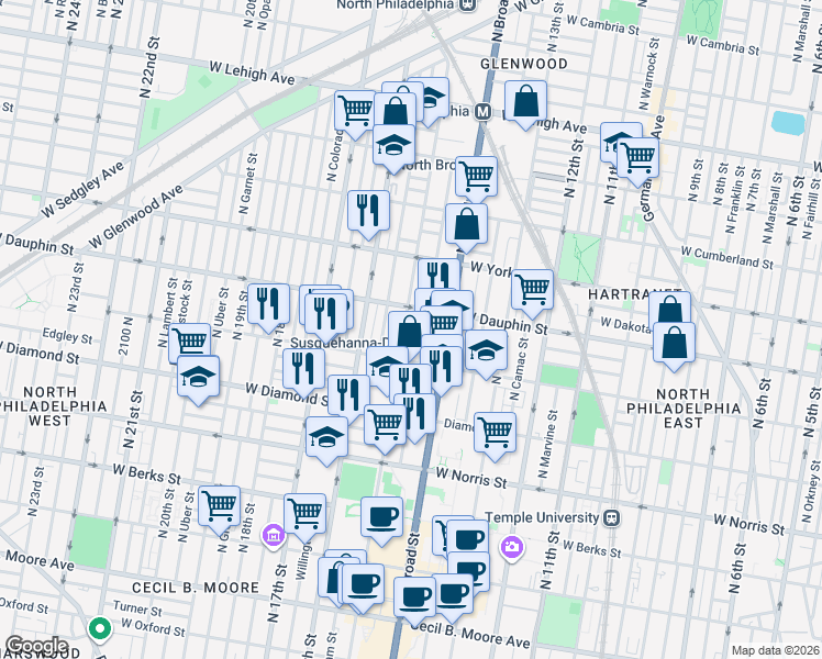 map of restaurants, bars, coffee shops, grocery stores, and more near 2221 North 15th Street in Philadelphia