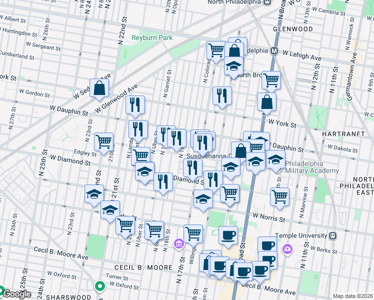 map of restaurants, bars, coffee shops, grocery stores, and more near 1718 West Susquehanna Avenue in Philadelphia