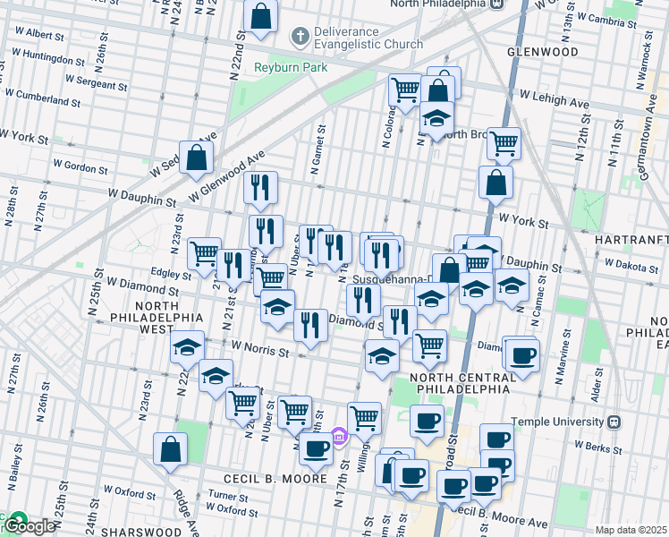 map of restaurants, bars, coffee shops, grocery stores, and more near 2207 North Cleveland Street in Philadelphia