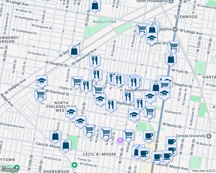 map of restaurants, bars, coffee shops, grocery stores, and more near 2139 North Uber Street in Philadelphia