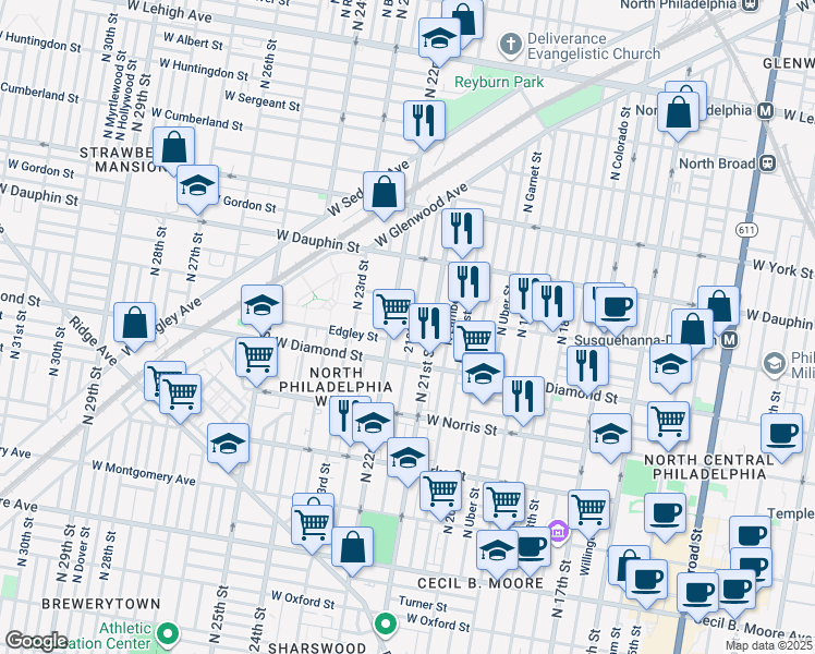 map of restaurants, bars, coffee shops, grocery stores, and more near 2132 North 21st Street in Philadelphia
