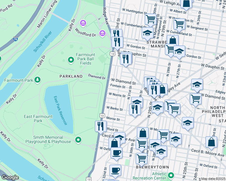 map of restaurants, bars, coffee shops, grocery stores, and more near in Philadelphia