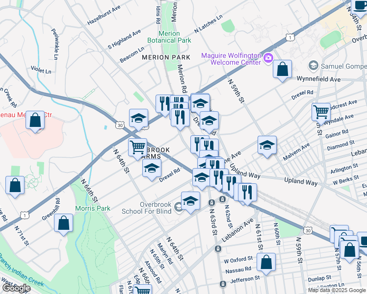 map of restaurants, bars, coffee shops, grocery stores, and more near 6300 Sherwood Road in Philadelphia