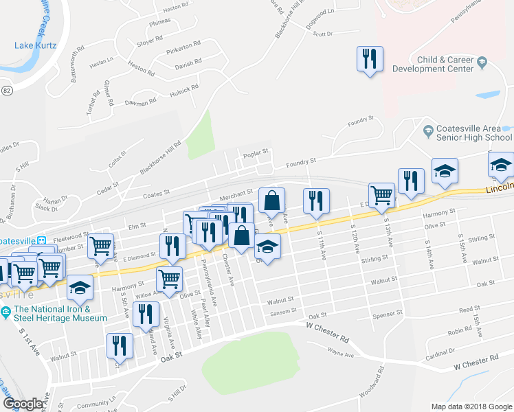 map of restaurants, bars, coffee shops, grocery stores, and more near 98 North 9th Avenue in Coatesville