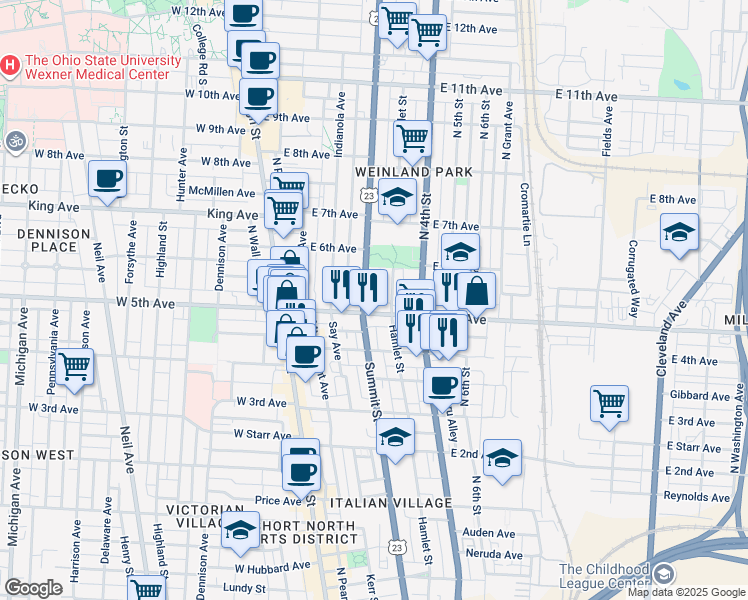 map of restaurants, bars, coffee shops, grocery stores, and more near 164 East 5th Avenue in Columbus
