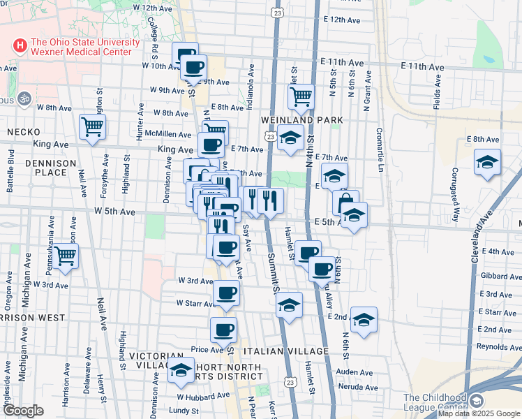 map of restaurants, bars, coffee shops, grocery stores, and more near 104 East 5th Avenue in Columbus