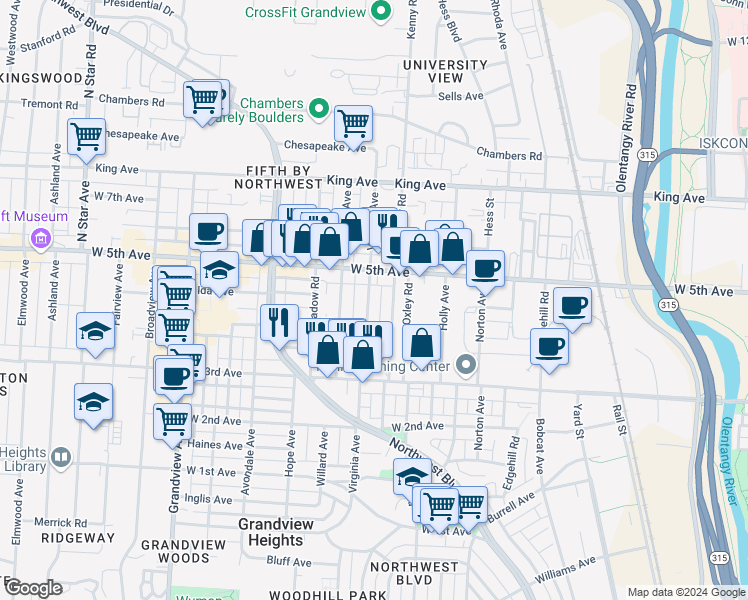 map of restaurants, bars, coffee shops, grocery stores, and more near 1383 Virginia Avenue in Columbus