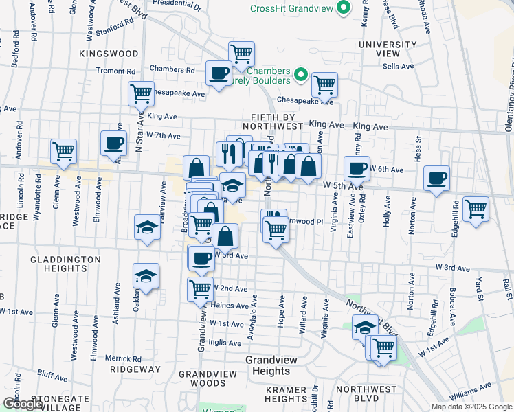 map of restaurants, bars, coffee shops, grocery stores, and more near 1413 Northwest Boulevard in Columbus