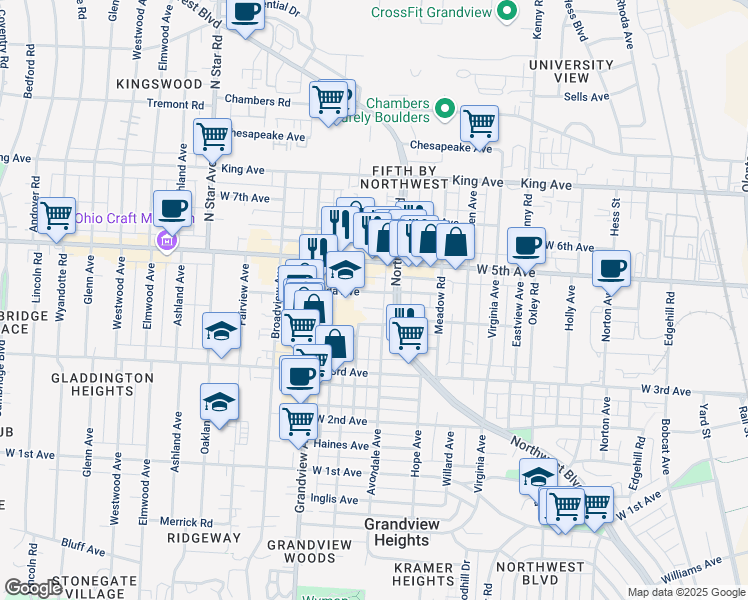 map of restaurants, bars, coffee shops, grocery stores, and more near 1413 Northwest Boulevard in Columbus
