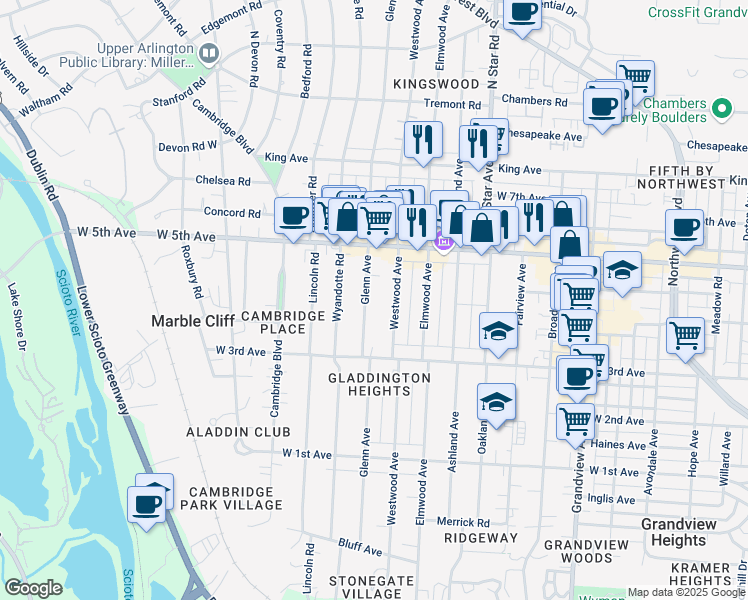 map of restaurants, bars, coffee shops, grocery stores, and more near 1481 Westwood Avenue in Columbus