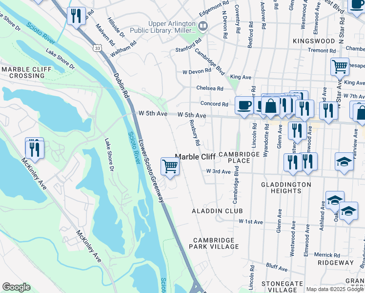 map of restaurants, bars, coffee shops, grocery stores, and more near 1559 Roxbury Road in Columbus