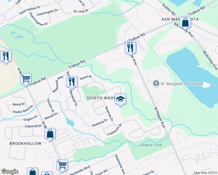 map of restaurants, bars, coffee shops, grocery stores, and more near 3409 Littler Lane in Columbus