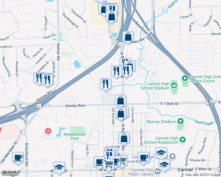 map of restaurants, bars, coffee shops, grocery stores, and more near 66 Monon Lane in Carmel