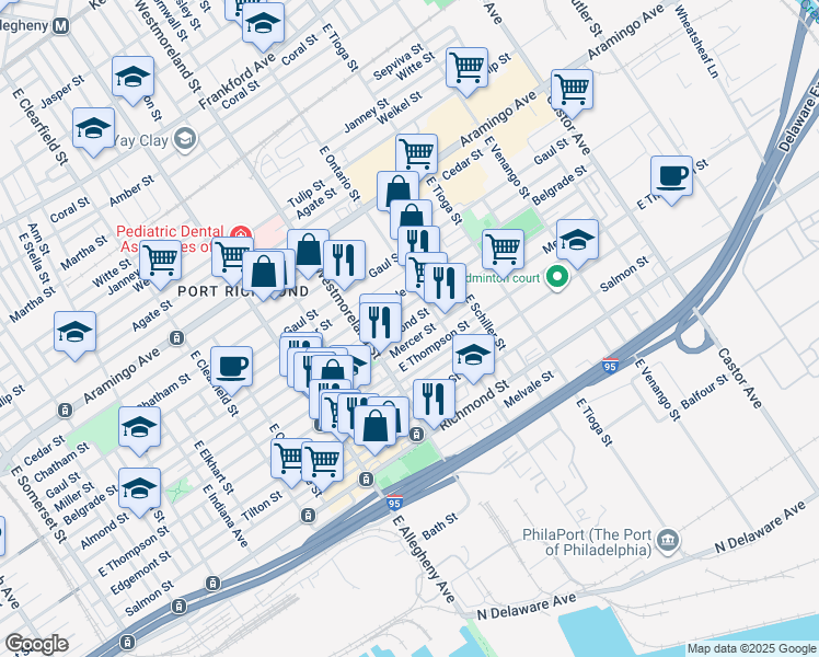 map of restaurants, bars, coffee shops, grocery stores, and more near 3351 Almond Street in Philadelphia