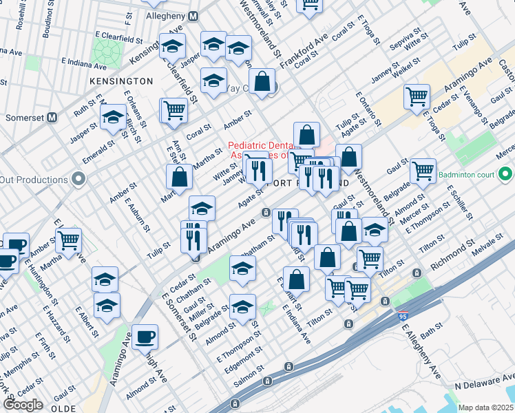 map of restaurants, bars, coffee shops, grocery stores, and more near 3097 Memphis Street in Philadelphia