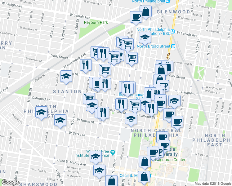 map of restaurants, bars, coffee shops, grocery stores, and more near 2211 North 18th Street in Philadelphia