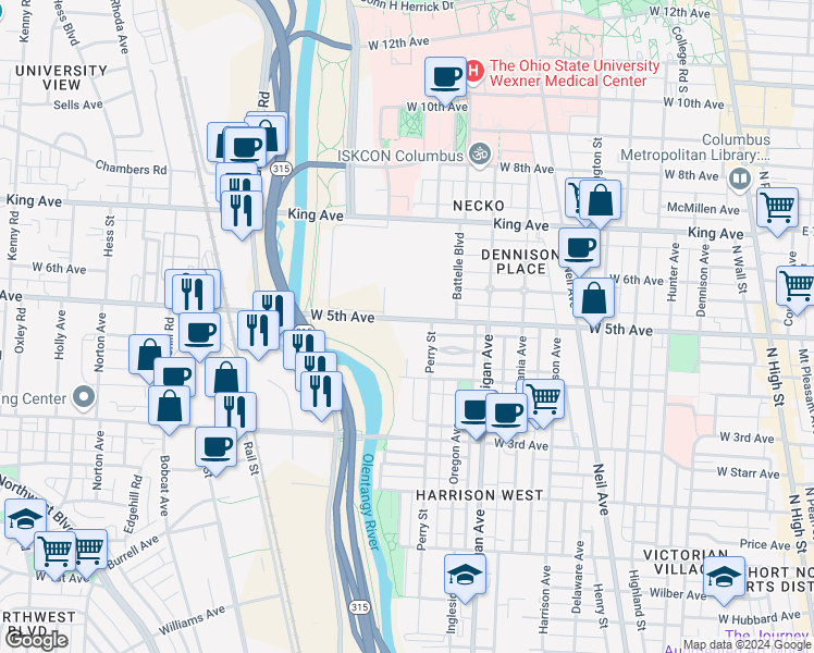 map of restaurants, bars, coffee shops, grocery stores, and more near 517 West 5th Avenue in Columbus