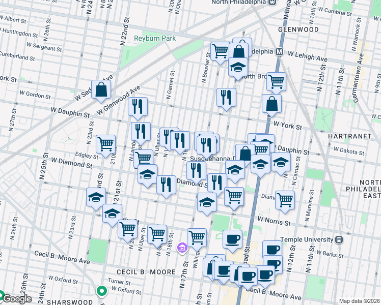 map of restaurants, bars, coffee shops, grocery stores, and more near 1718 West Susquehanna Avenue in Philadelphia