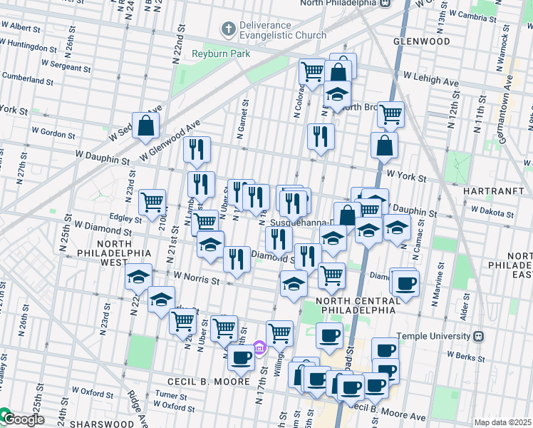 map of restaurants, bars, coffee shops, grocery stores, and more near 2211 North 18th Street in Philadelphia