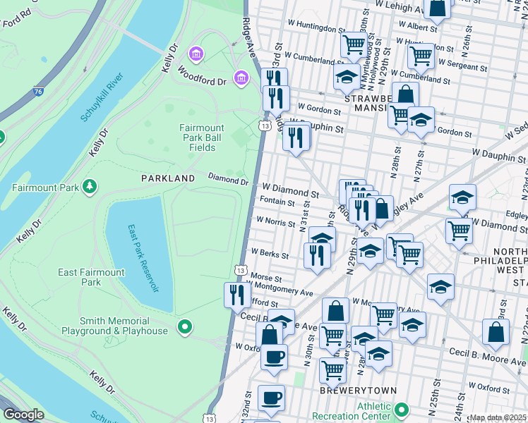 map of restaurants, bars, coffee shops, grocery stores, and more near 3228 Page Street in Philadelphia
