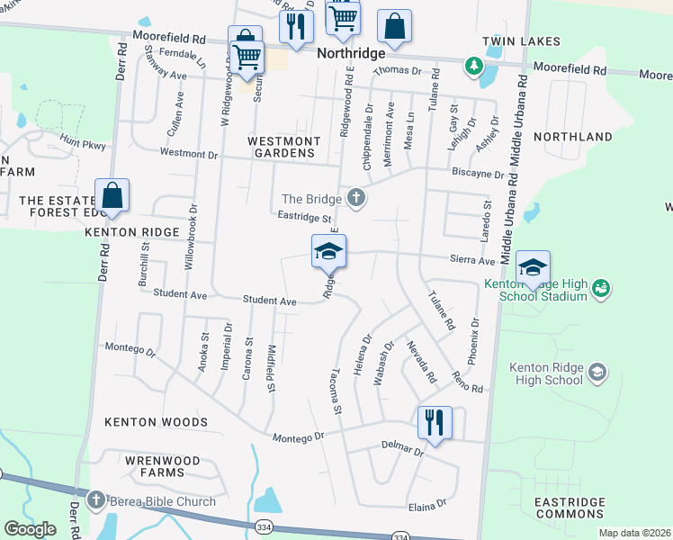 map of restaurants, bars, coffee shops, grocery stores, and more near 4436 Ridgewood Road East in Springfield
