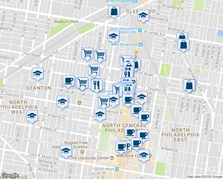 map of restaurants, bars, coffee shops, grocery stores, and more near 2236 North Sydenham Street in Philadelphia