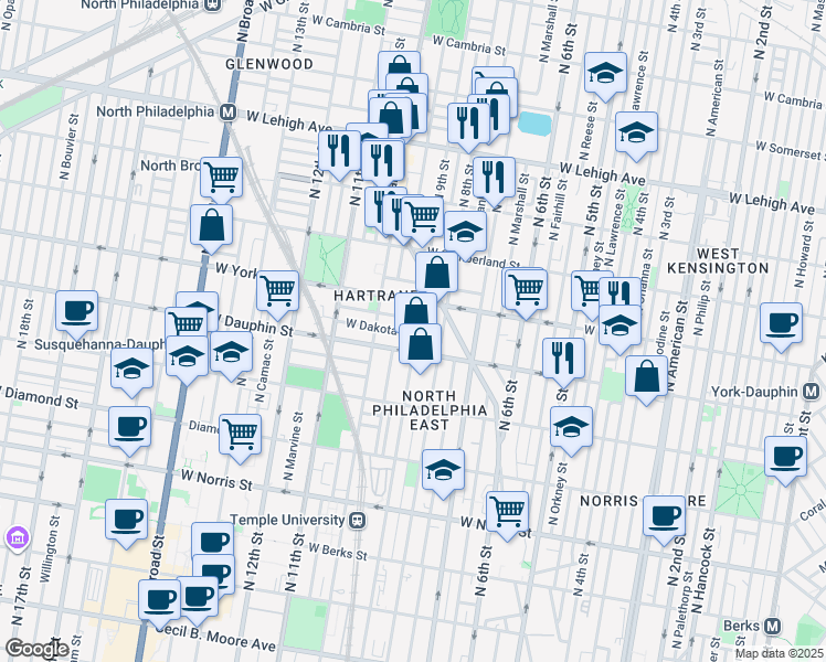 map of restaurants, bars, coffee shops, grocery stores, and more near 2301-11 North 9th Street in Philadelphia