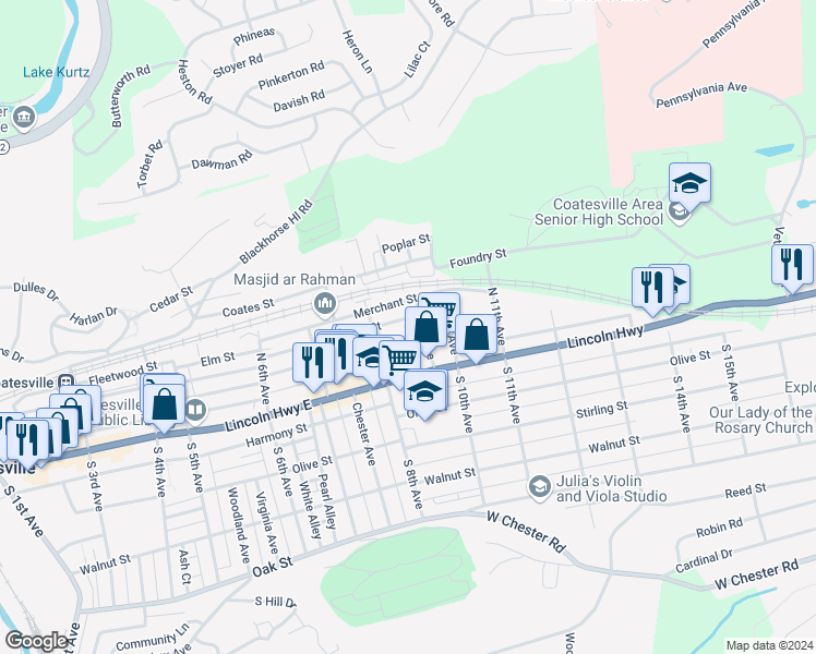 map of restaurants, bars, coffee shops, grocery stores, and more near 842 Lumber Street in Coatesville