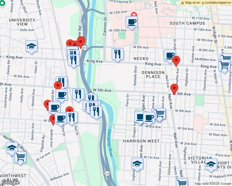 map of restaurants, bars, coffee shops, grocery stores, and more near 543 West 5th Avenue in Columbus