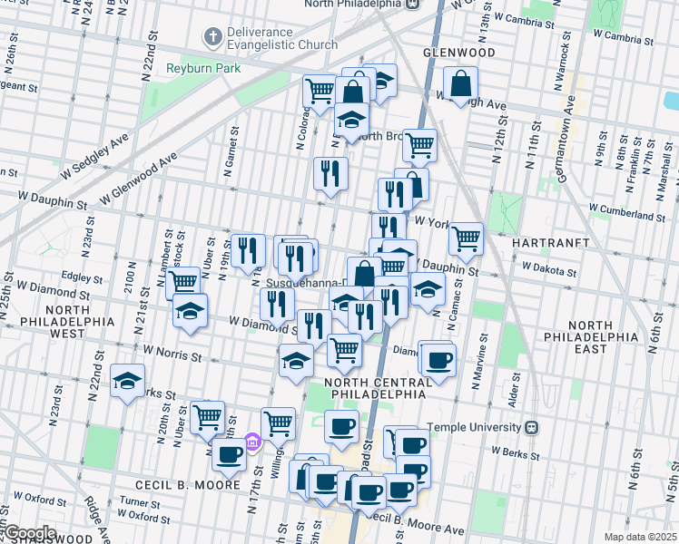 map of restaurants, bars, coffee shops, grocery stores, and more near 2236 North Sydenham Street in Philadelphia