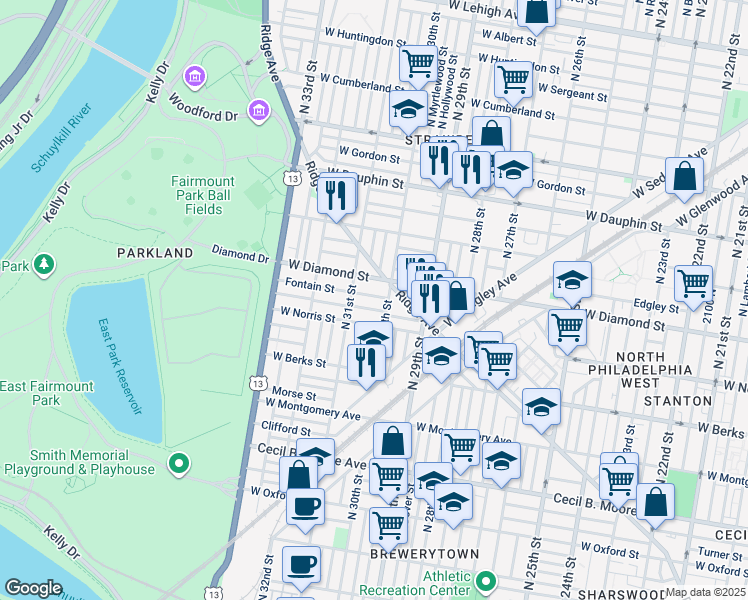 map of restaurants, bars, coffee shops, grocery stores, and more near 3018 Fontain Street in Philadelphia