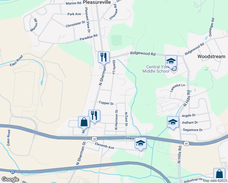 map of restaurants, bars, coffee shops, grocery stores, and more near 1807 Eberts Lane in York