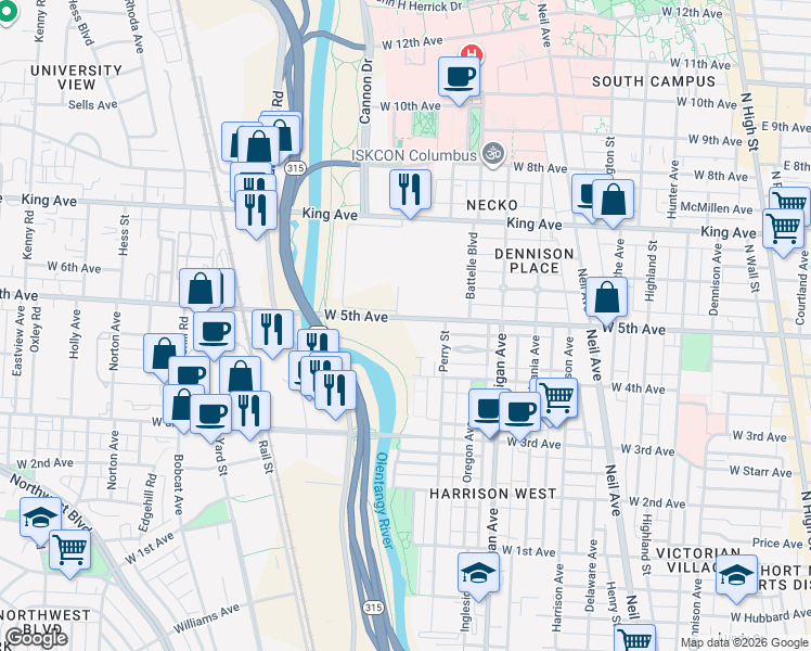 map of restaurants, bars, coffee shops, grocery stores, and more near 555 West 5th Avenue in Columbus