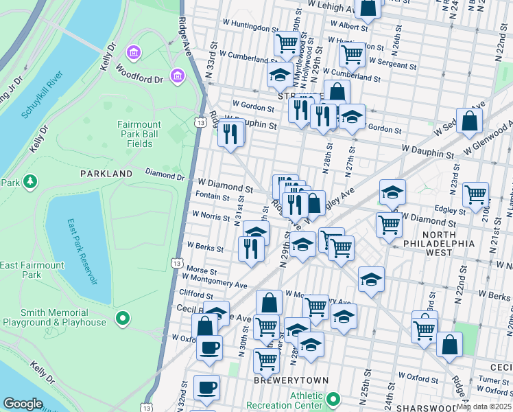 map of restaurants, bars, coffee shops, grocery stores, and more near 3018 Fontain Street in Philadelphia