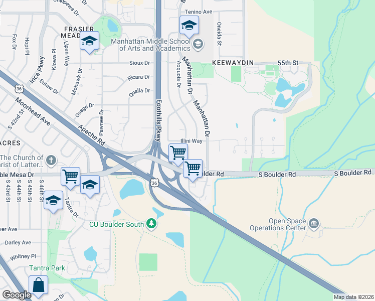 map of restaurants, bars, coffee shops, grocery stores, and more near 50 South Boulder Circle in Boulder